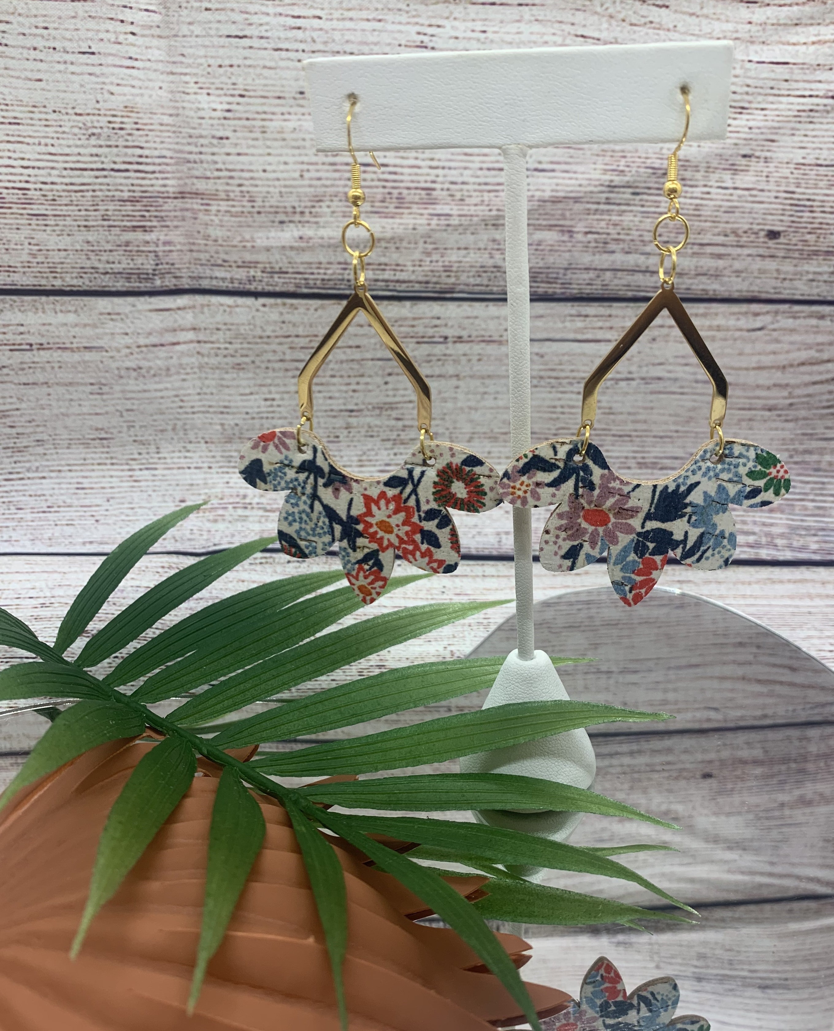 Floral Cork and Brass Hypoallergenic Earrings